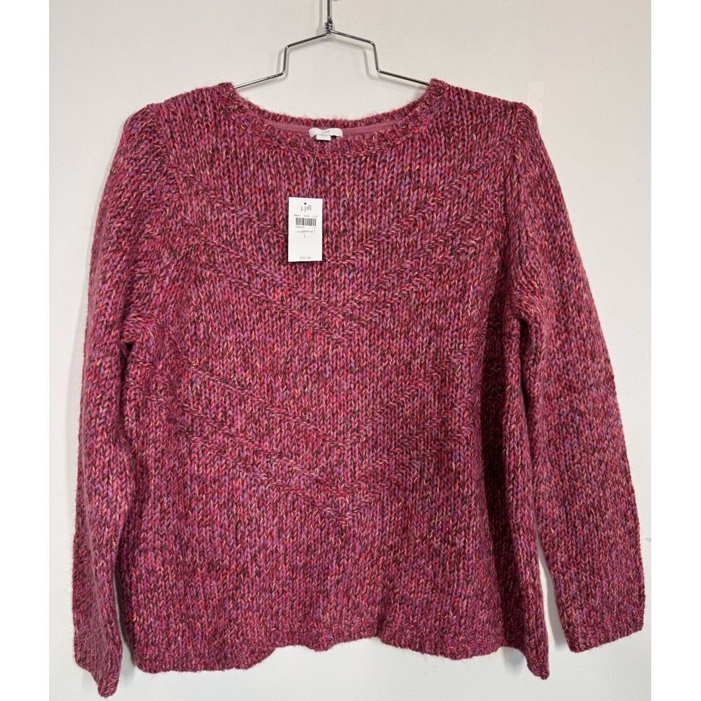 J. Jill Multicolor Pink Wool Blend Pullover Chunky Knit Sweater Crew Neck Size L
